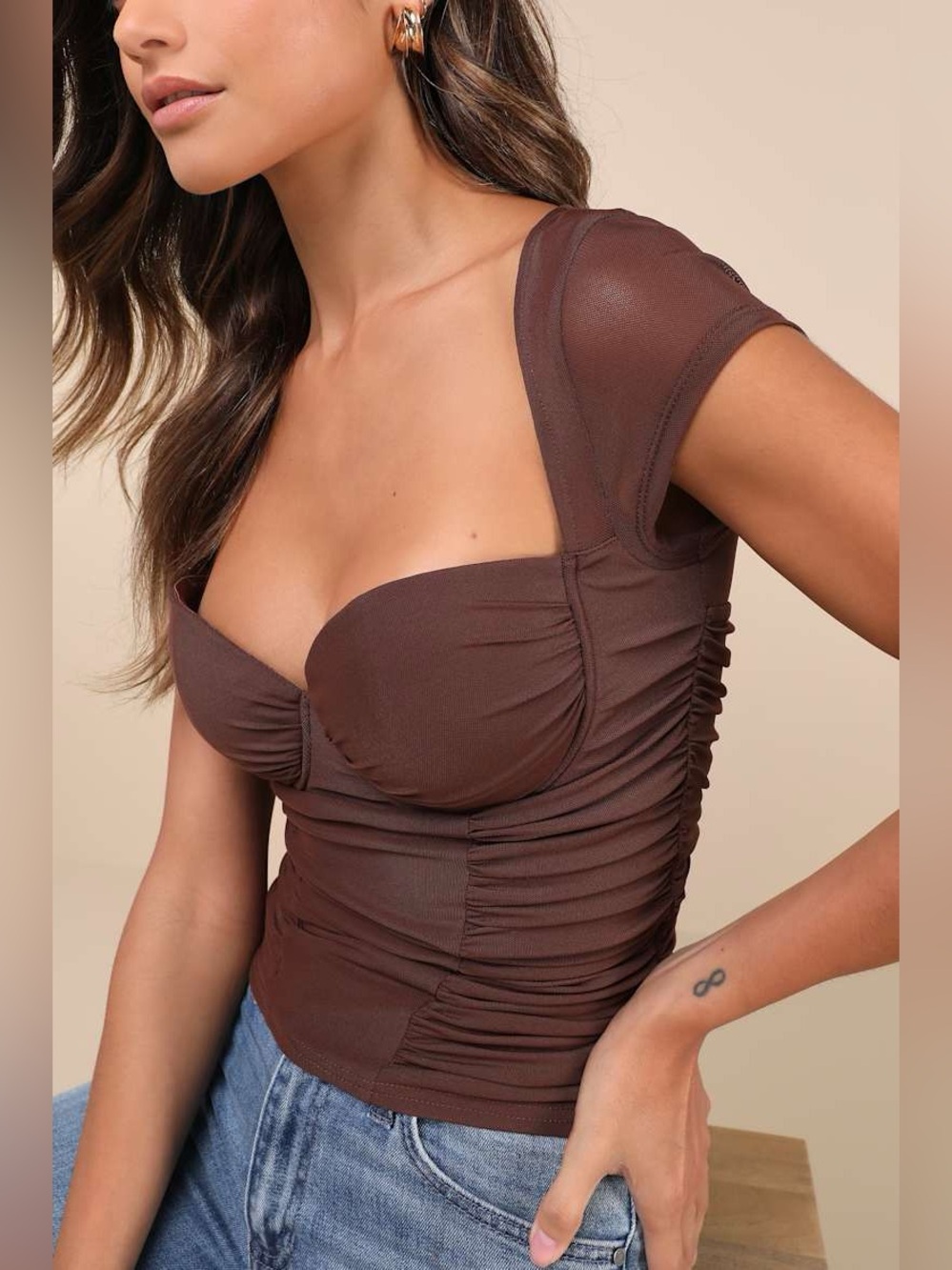 LULUS Brown Mesh Ruched Cutout Short Sleeve Top